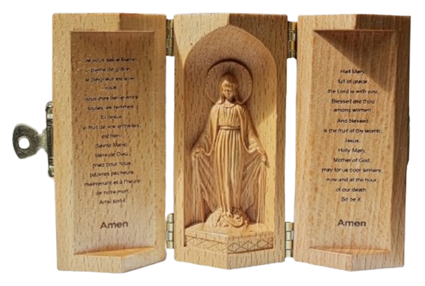 Triptyque en bois massif (Hêtre) - Ht 8cm - Vierge Miraculeuse