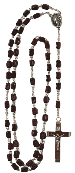 Chapelet BOIS FONCE chaine argentée grain RECTANGLE + BOITE